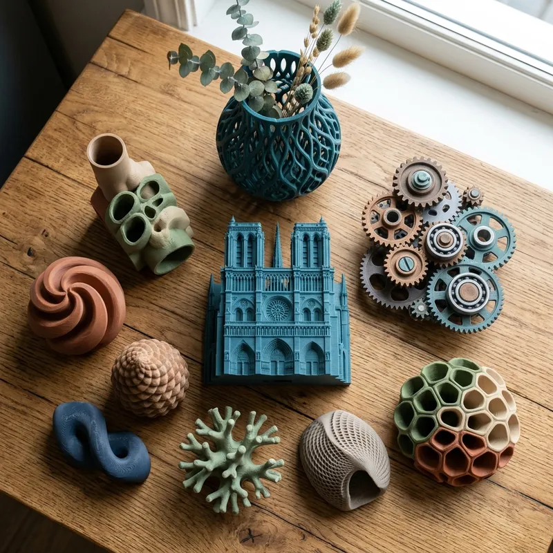 Notre Dame, vazo, dişli mekanizması ve organik formlar dahil geniş 3D baskı koleksiyonu