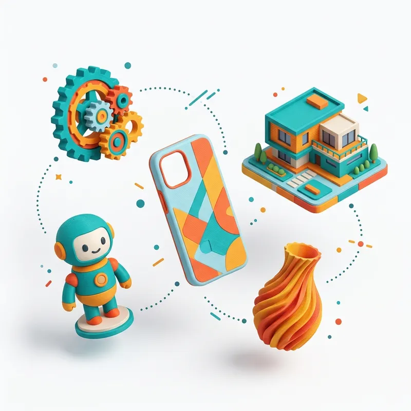 3D baskı ile üretilmiş renkli objeler — dişli, figürin, telefon kılıfı, vazo, mimari model