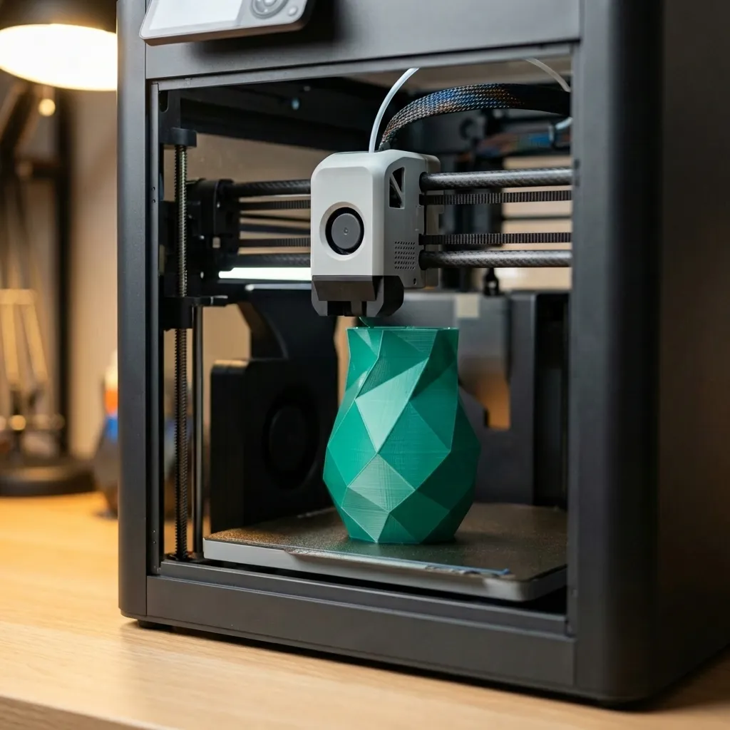 3D yazıcı teal renkli bir obje basarken yakın çekim