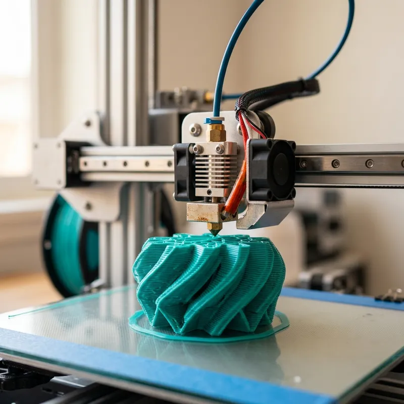 3D yazıcı aydınlık atölyede teal obje basarken