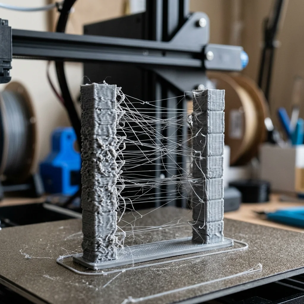 İki kule arasında yoğun ipliklenme gösteren 3D baskı testi