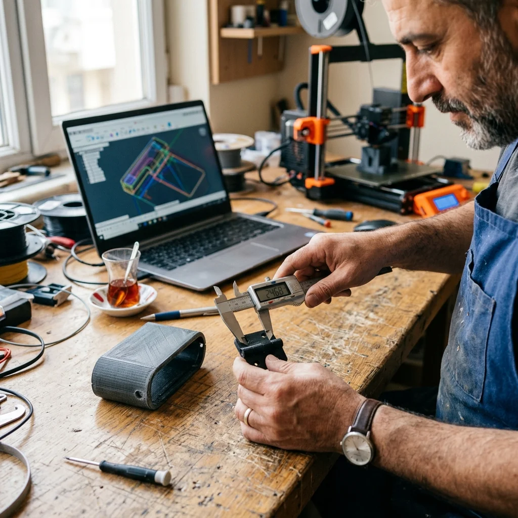 Kumpasla ölçülen 3D baskı prototip parça ve atölye masası