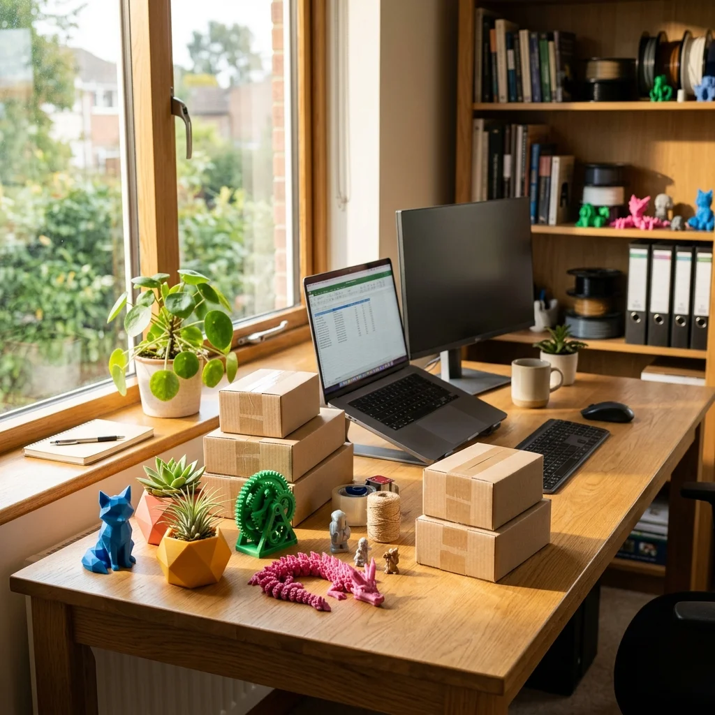 3D baskılı ürünler ve paketleme malzemeleriyle dolu küçük işletme masası