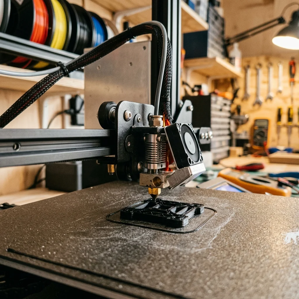 FDM 3D yazıcının ilk katmanları üretirken nozzle'dan eritilmiş filament bıraktığını gösteren yakın plan fotoğraf
