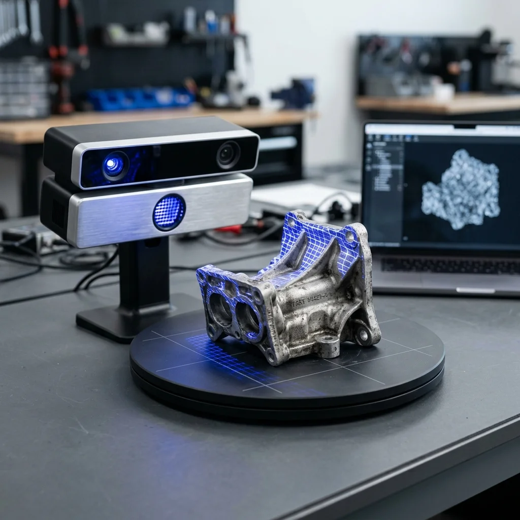 Atölyede mekanik bir parçayı dijitalleştiren 3D tarayıcı