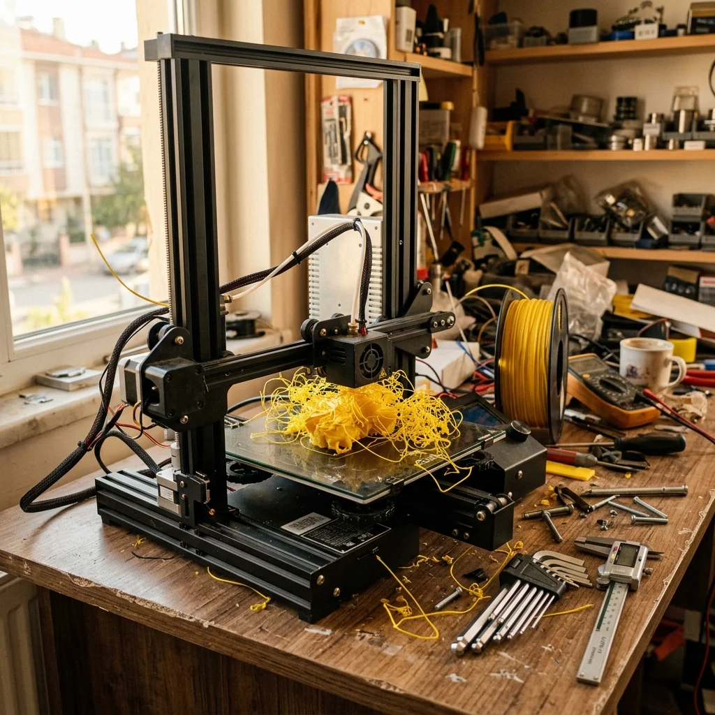 Ev tipi 3D yazıcıda başarısız baskı ve etrafta filament ile ayar ekipmanları