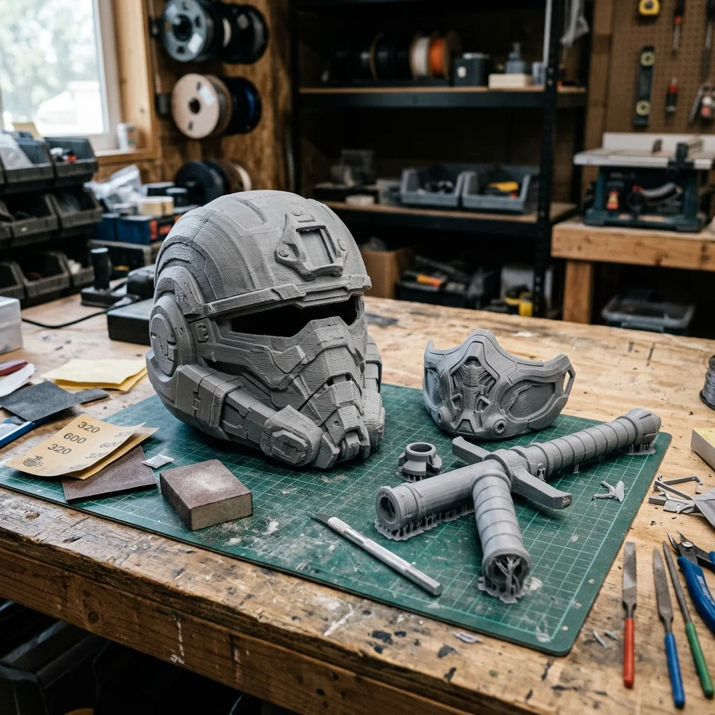 Atölye masasındaki boyasız 3D baskı cosplay kaskı ve prop parçaları