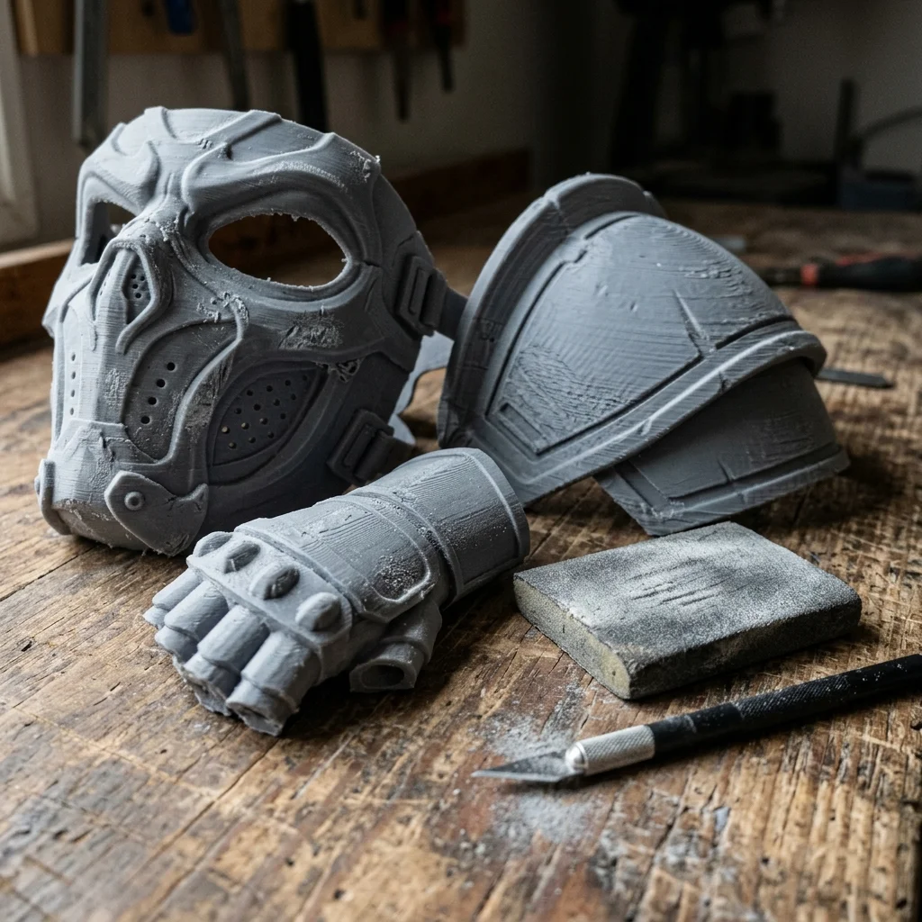 Zımpara öncesi katman izleri görünen boyasız 3D baskı cosplay maske ve zırh parçaları