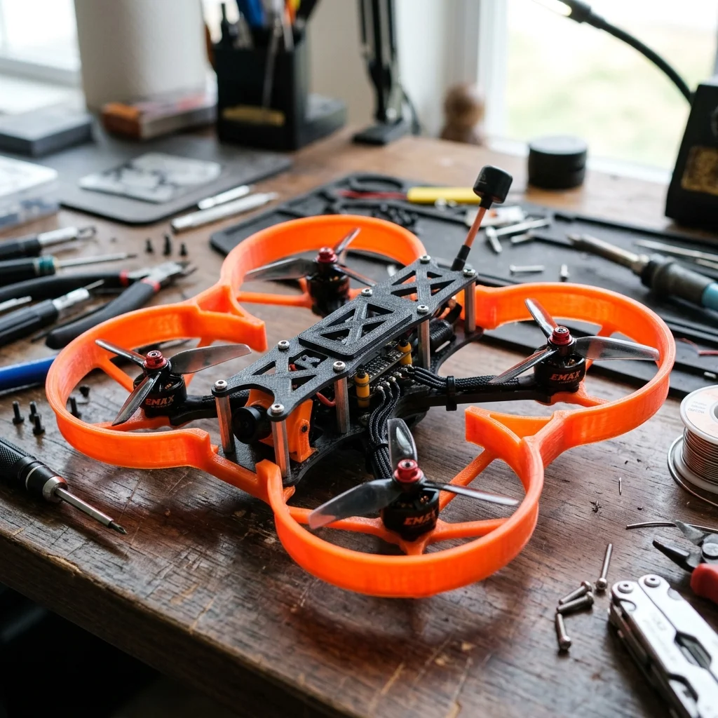 Atölye masasında turuncu koruyucularla güçlendirilmiş FPV drone gövdesi