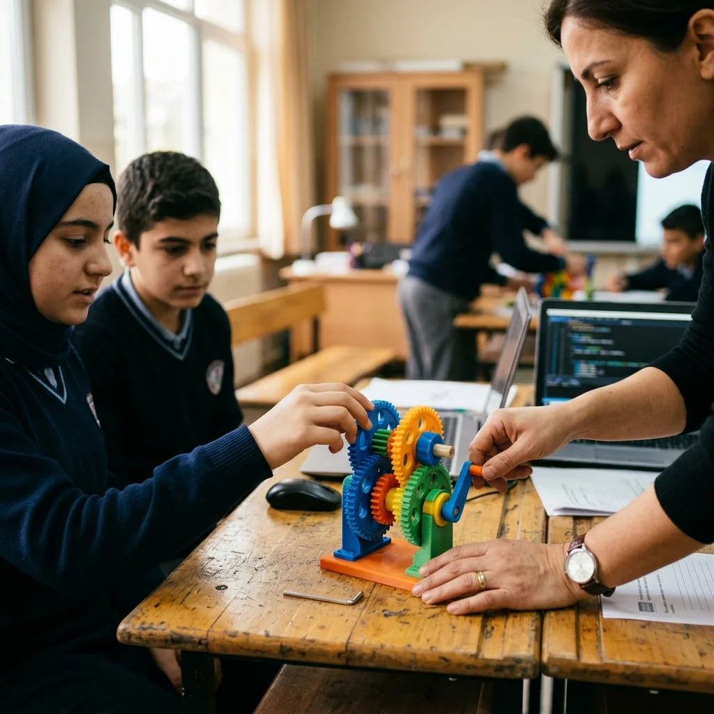 Öğretmenin öğrencilerle 3D baskı dişli mekanizmasını incelediği STEM sınıfı