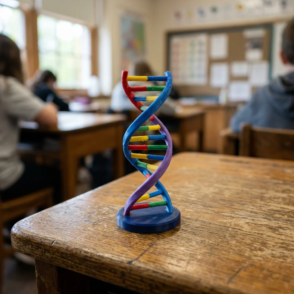 Renkli 3D baskı DNA sarmalı maketi ahşap okul sırasında