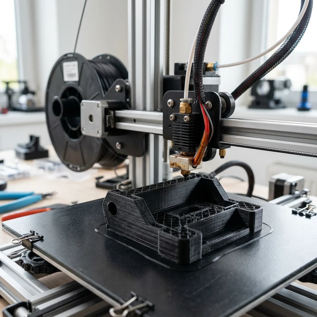 FDM 3D yazıcıda nozzle'ın katman katman plastik bırakarak parça ürettiğini gösteren yakın plan fotoğraf