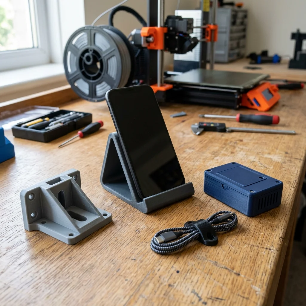 FDM yöntemiyle üretilmiş telefon standı, elektronik kutu ve montaj aparatı gibi fonksiyonel 3D baskı parçaları