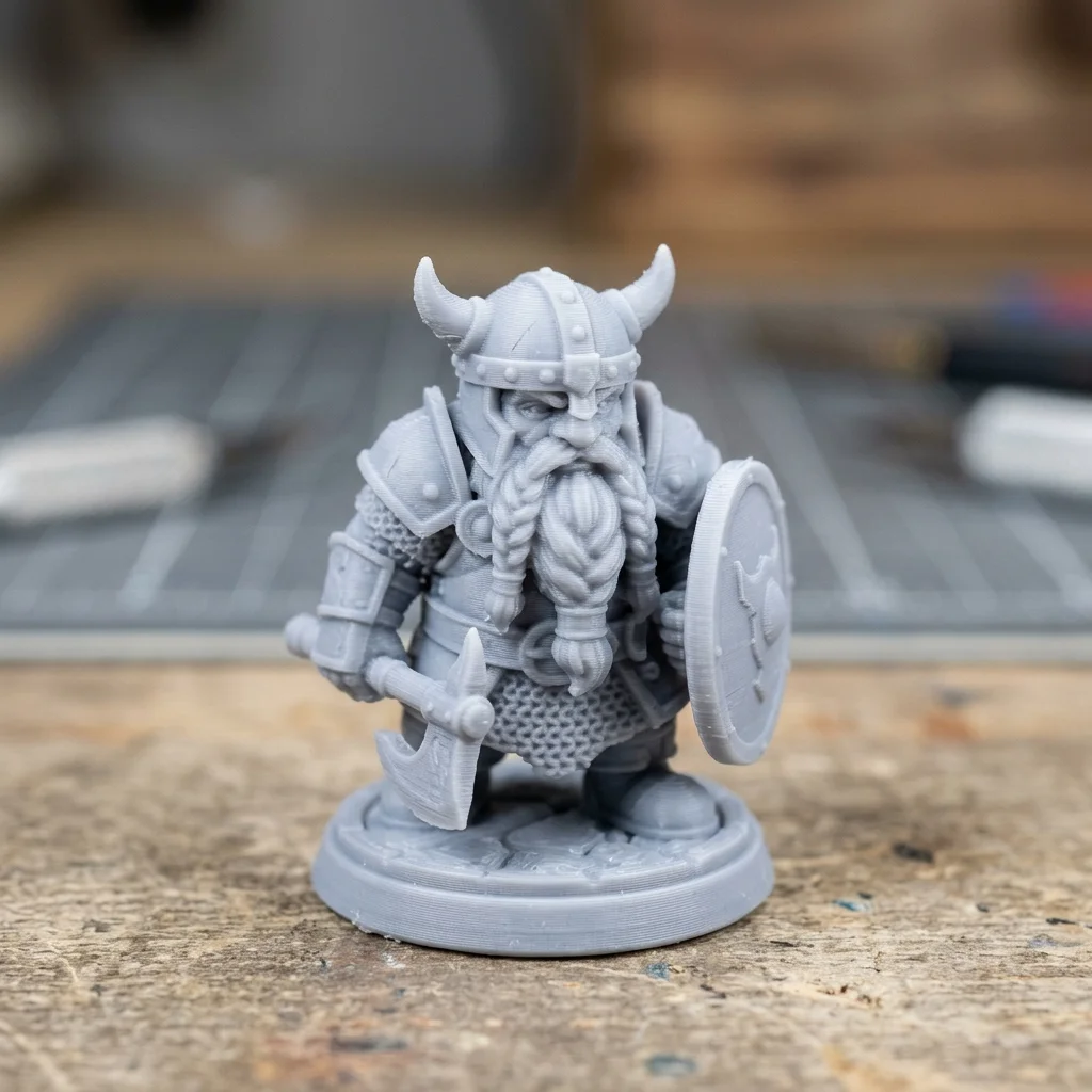 Boya öncesi detayları net görünen gri PLA 3D baskı figürin yakın planı