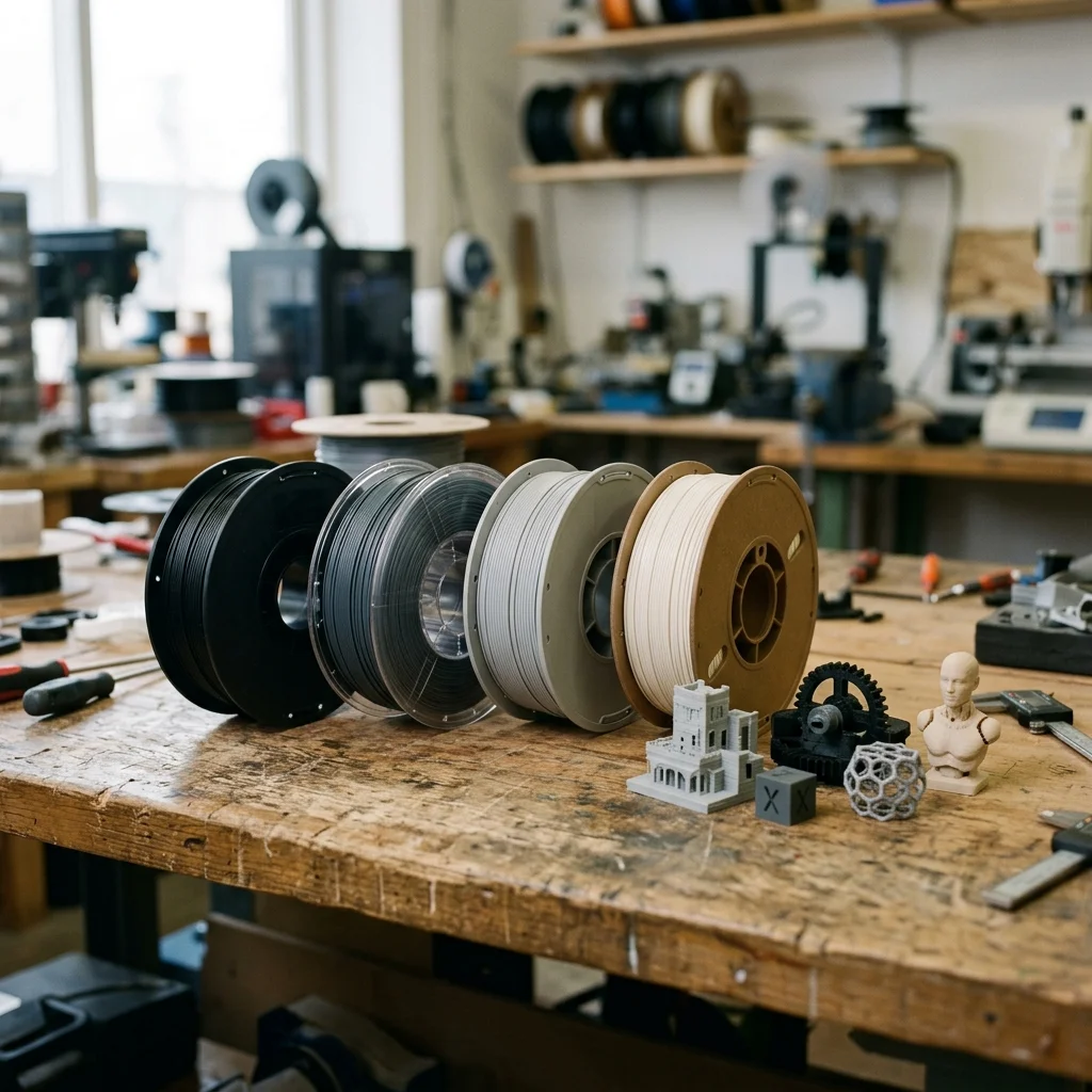Atölye masasında farklı 3D baskı filament makaraları ve örnek parçalar