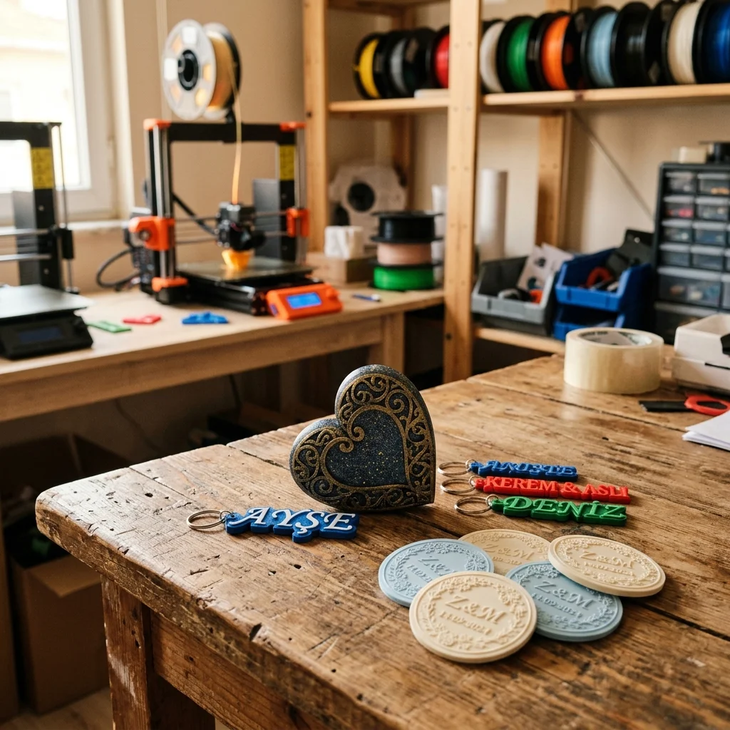 3D baskı atölyesinde hazırlanmış kişiye özel anahtarlıklar ve hatıralık objeler