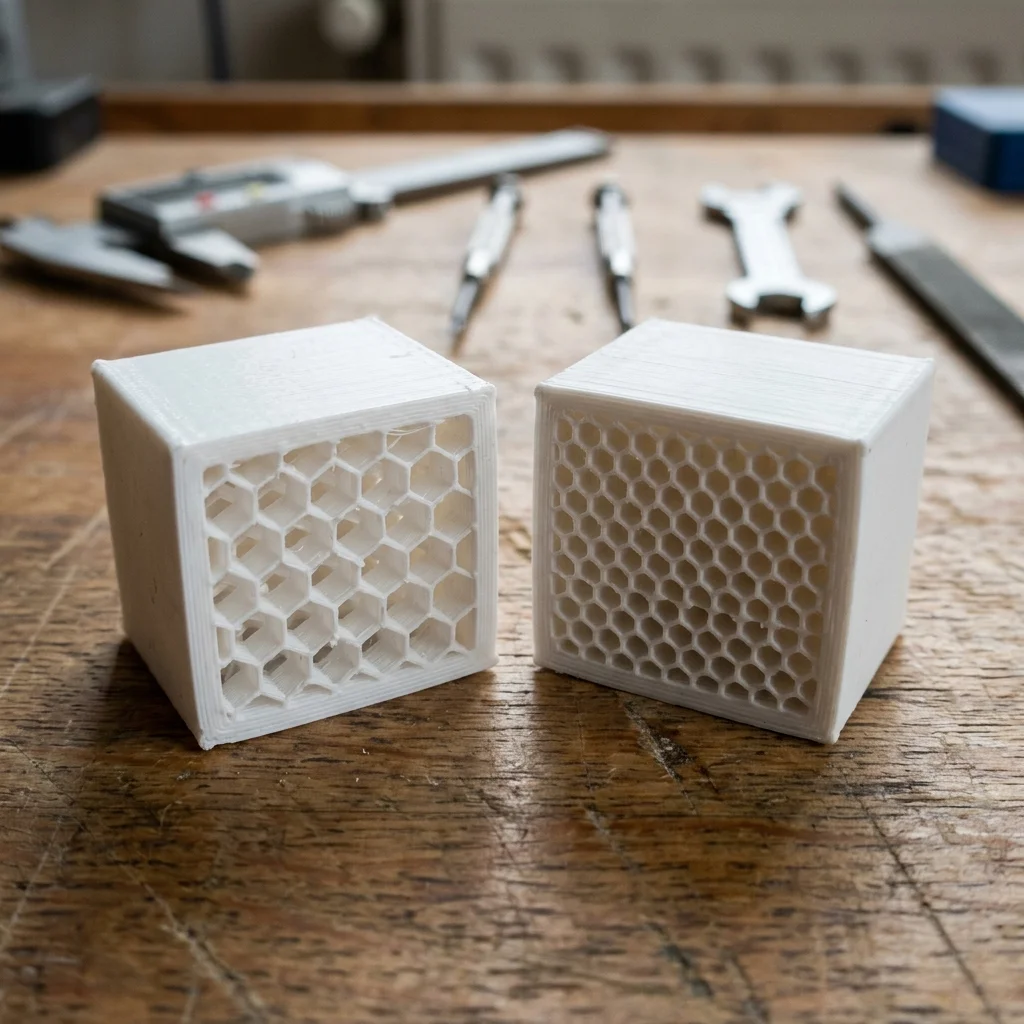 Düşük ve yüksek infill yoğunluğunu karşılaştıran kesitli 3D baskı örnekleri