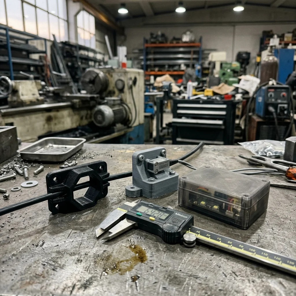 Metal tezgah üzerinde ABS ve PETG ile basılmış mühendislik aparatları, sensör ayağı ve elektronik muhafaza