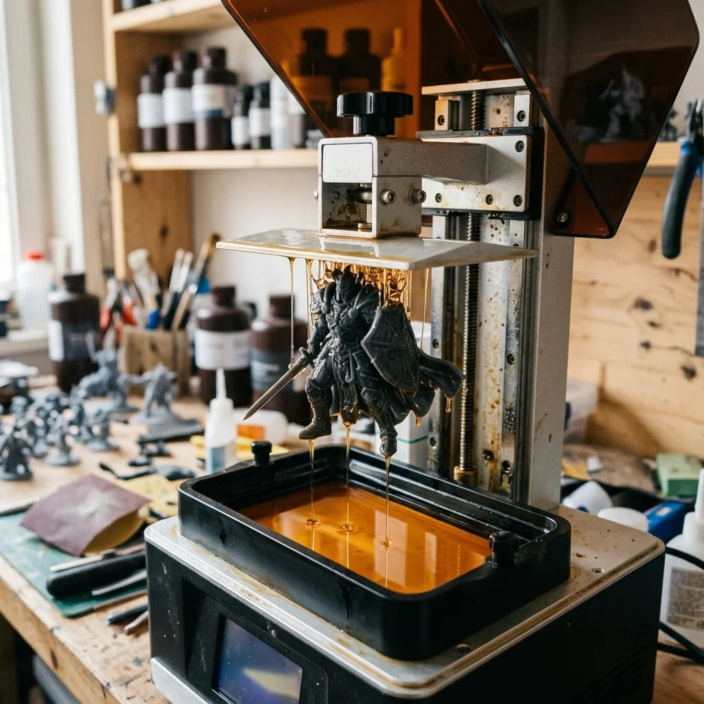 MSLA resin 3D yazıcıda reçine havuzundan çıkan detaylı minyatür baskı