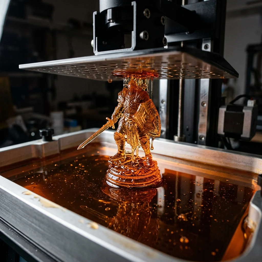 SLA 3D yazıcıda reçineden kalkan minyatür bir parçanın katman katman üretilmesi