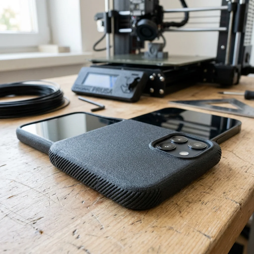 3D yazıcı atölyesinde üretilmiş siyah dokulu TPU telefon kılıfı yakın planı