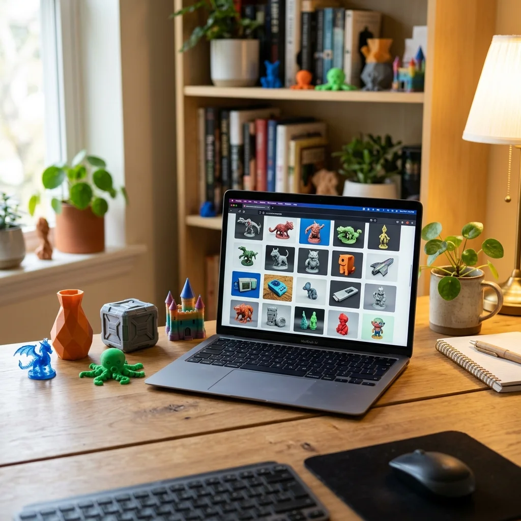 Laptop ekranında 3D model galerisi ve masada küçük basılmış objeler